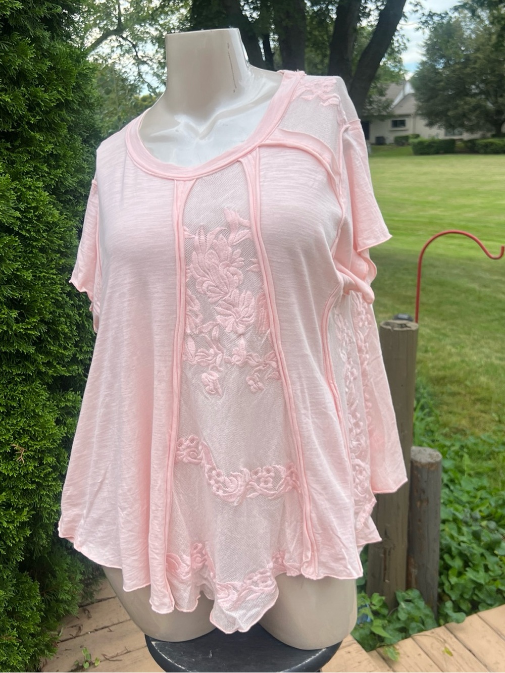 NWT Blue Velvet Shirt Dress Light Pink With Lace Frayed Boho , Oversized M/L/XL